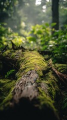 Wall Mural - Mossy Log in Lush Forest: Serene Woodland Scene Depicting Nature's Beauty and Decay
