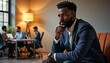 © Denis - Black male banker sitting on office bench deep in thought with warm light ambiance