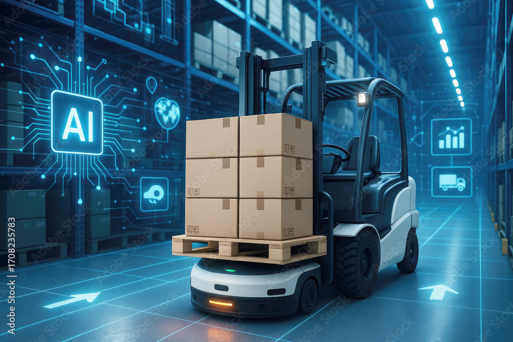Autonomous forklift with stacked boxes in a futuristic warehouse with ...