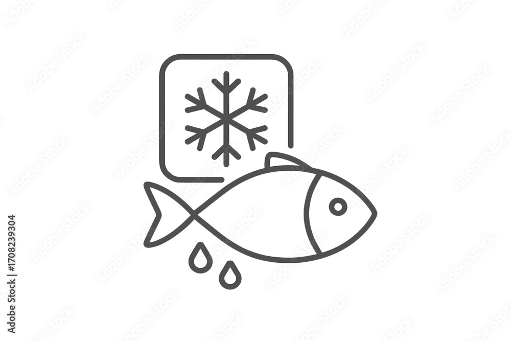 Frozen fish line icon. Defrosting seafood symbol for food packaging or ...