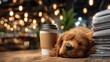 © Dreamer Studio - Cute brown puppy sleeping peacefully on wooden table beside takeaway coffee cup and tall stack of papers under warm glowing lights in cozy café setting