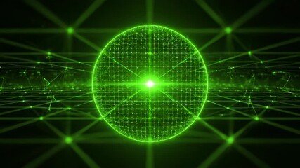 Wall Mural - A seamlessly looping video depicts a vibrant lime green circular flare expanding into a geometric grid pattern, symbolizing abstract digital network light, dreamy, digital