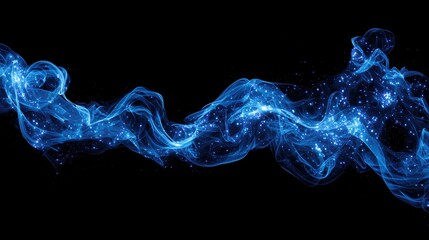 abstract blue smoke with glowing particles on dark black background, resembling starry sky or cosmic