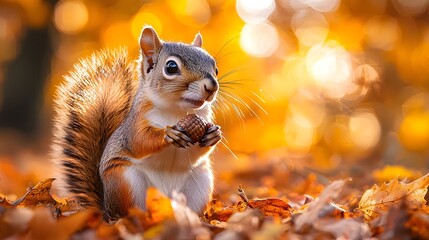 Wall Mural - A cute squirrel sits in autumn foliage holding an acorn as golden sunlight filters through the trees