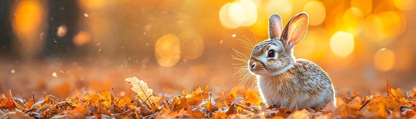Wall Mural - A cute rabbit sits in a bed of golden autumn leaves bathed in warm sunlight with a soft bokeh background