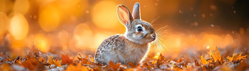 Wall Mural - A cute small rabbit sits nestled in a bed of golden autumn leaves bathed in warm soft sunlight