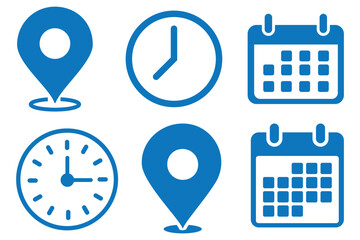 Wall Mural - Time, date and address icon set. Travel concept or booking. Calendar, clock, location. Editable vector. Filled vector