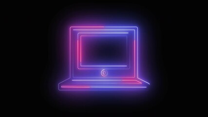 Neon laptop computer icon design illuminated against a black background, perfect for technology, communication, and digital concepts