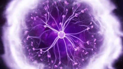Wall Mural - A seamlessly looping video displaying bright white and purple plasma explosions silently rippling outwards in a cosmic abstract space tunnel, looping, expansion