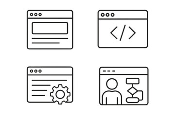 Web development line icon set. Website layout, coding, backend settings, and user flow diagram. UI UX design concepts for programming and site architecture. Editable stroke.