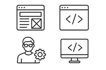 Web development line icon set. Programmer, coder, and software engineer symbols. Website layout, browser, code editor, and computer monitor vector icons for web design.