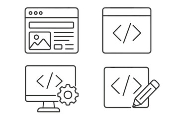Web development line icon set. Programming, coding, and website design thin line symbols. UI UX interface, software engineering, frontend backend development vector icons.