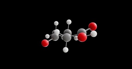 Levulinic acid molecule, rotating 3D model of keto acid, looped video on a black background
