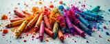A vibrant, chaotic pile of broken crayons, shattered glass, and colorful paint spills onto a textured surface, representing creative destruction and the beauty of broken things , abstract, crayons