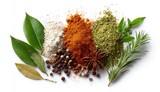 Colorful spice blend arranged on white background. Fresh herbs and spices, including bay leaves, peppercorns, and star anise, are artfully arranged in a variety of colors and textures