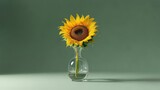 A single, vibrant sunflower stands in a clear glass vase against a muted green backdrop, illuminated by soft, directional light casting a subtle shadow