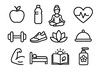 © Arnette - Lifestyle and wellness linear icon set. Health, fitness, relaxation symbols. Yoga, food, sleep, sport outline icons. Vector illustration for healthy living concepts.