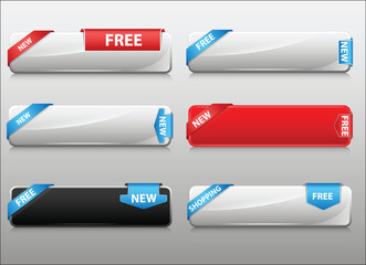 Collection of glossy web buttons with new and free corner ribbons.