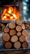 © PRASETIYO - A neatly stacked pile of firewood sits before a warm, inviting fireplace.  Snow dusts the logs