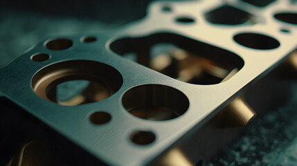 Close-up of a metallic gasket with circular and irregular holes.