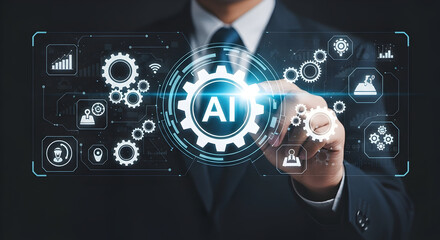Businessman interacting with futuristic artificial intelligence technology interface in a modern office setting for AI innovation and digital transformation solutions