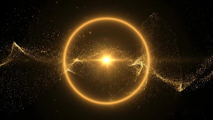 Wall Mural - A seamlessly looping video features a golden circular flare where luminous particles swirl gracefully from its center, creating a luxurious abstract dust effect brilliance, digital, shine