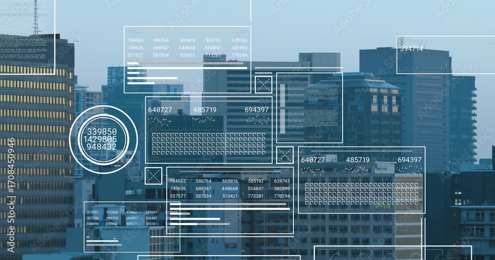 Displaying translucent digital UI overlays over corporate skyline at ...