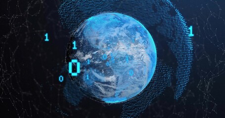 Floating digital Earth globe sending binary digits in virtual space, with glowing nodes and lines