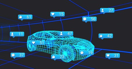 Wall Mural - Displaying 3D wireframe sedan rotating inside neon cyan grid, with floating social media icons