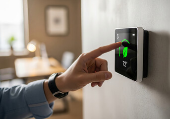 A close-up of a person's hand using the touchscreen on a modern smart thermostat to set the temperature. The screen displays a green leaf icon, indicating an energy-saving or eco-friendly mode