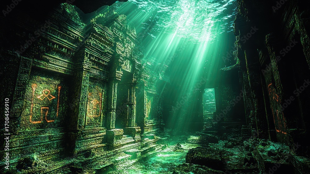 Sunbeams illuminate submerged ancient temple ruins. (1) Stock ...