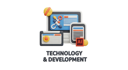 3d illustration of technology and development concept with computer, tablet, and mobile phone isolated on transparent background