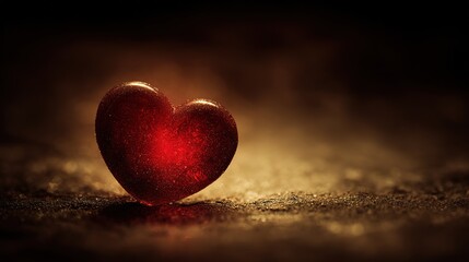 Red heart shape floating dark texture background, soft diffused light specular highlights, shallow depth bokeh effect, commercial negative space design