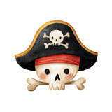 Hand painted Cute pirate skull design for kids party decorations and themed events. Isolated on transparent cutout background