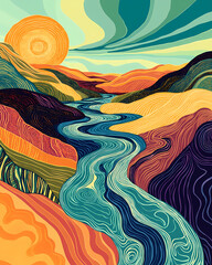 Wall Mural - Colorful Abstract Landscape with Winding River