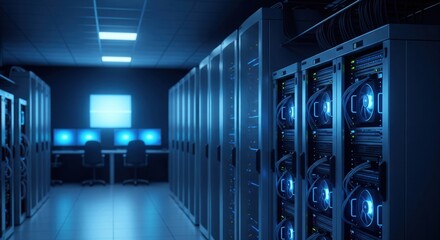 Row of network servers with glowing led lights