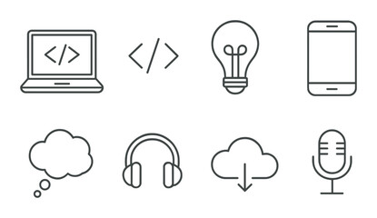 Technology icons: coding, ideas, mobile, cloud, sound