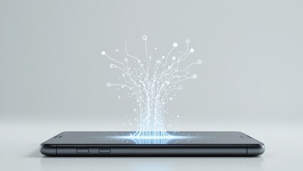 Wall Mural - Smartphone Displaying Digital Light Explosion and Connectivity Concepts on Gray Background