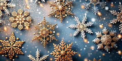 Golden and silver snowflakes scattered on a textured blue background with bokeh lights