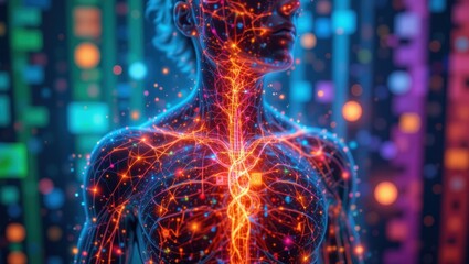 Wall Mural - Abstract Visualization of Human Anatomy with Neon Lights and Data Patterns Representing Energy Flow