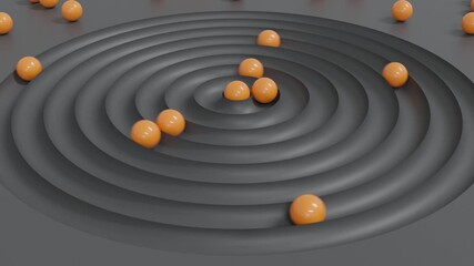 Orange 3d spheres rolling in circular grooves carved into dark gray surface generate surreal abstract background with minimal futuristic conceptual motion and rhythm