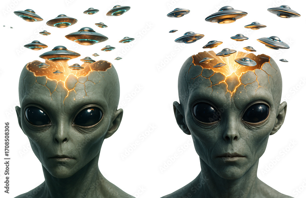 set of aliens on a transparent background. Alien with open head and UFO ...