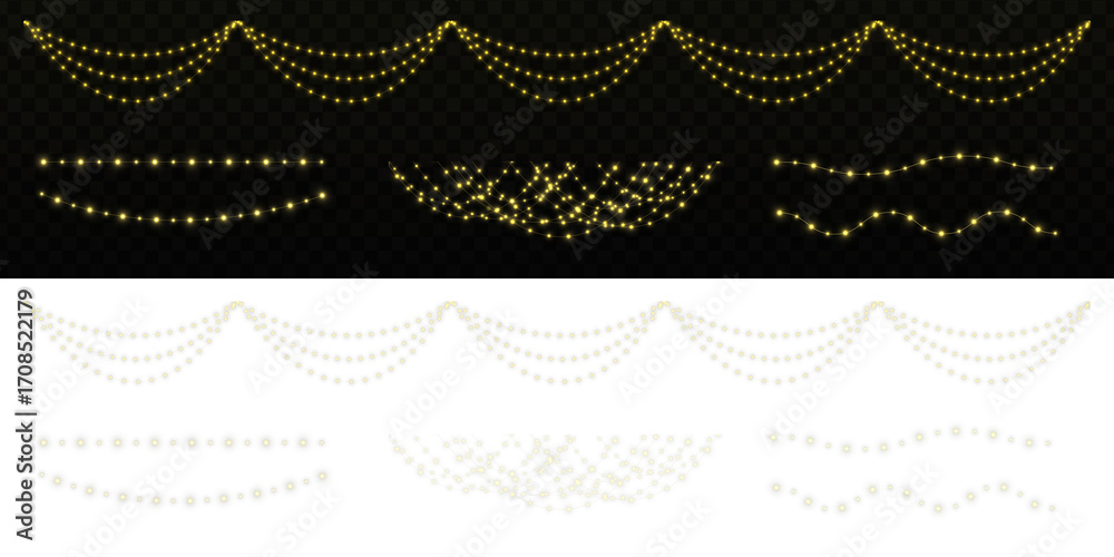 White glowing Christmas light garlands isolated on transparent ...
