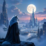 Majestic White Wolf in Regal Cloak, Contemplating Futuristic Cityscape at Night