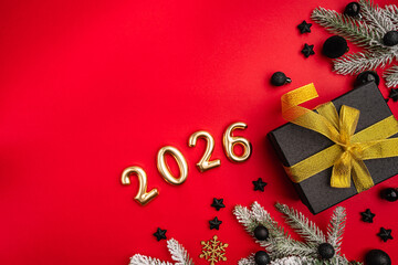 Wall Mural - christmas and happy new year 2026 with black and red glitter decorations on red bright background. h