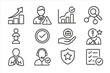 © Olha - Icons of Resolution. Line style icons of escalation and resolution: escalate icon, supervisor alert, resolution chart icon, root