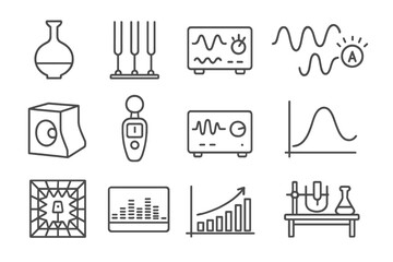 Science Sound Icons. Line style icons of science and sound: resonance chamber, tuning fork set, wave generator, pitch frequency
