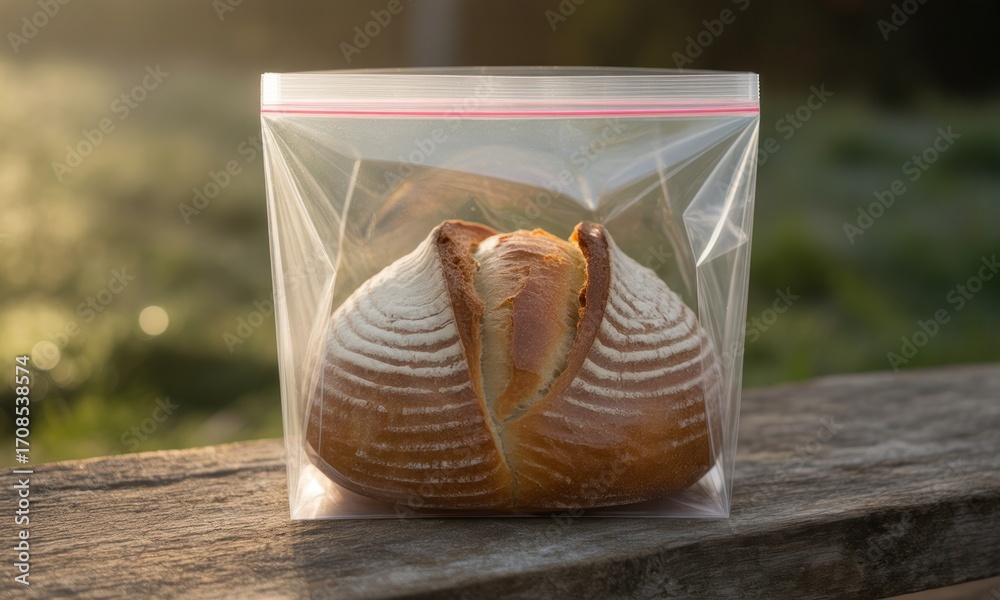 Freshly baked artisan bread in a clear plastic bag sits on a wooden ...