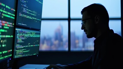 Dedicated software engineer coding on multiple screens against the city backdrop