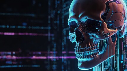 A cybernetic skull with exposed mechanics and glowing neon accents in a dark space